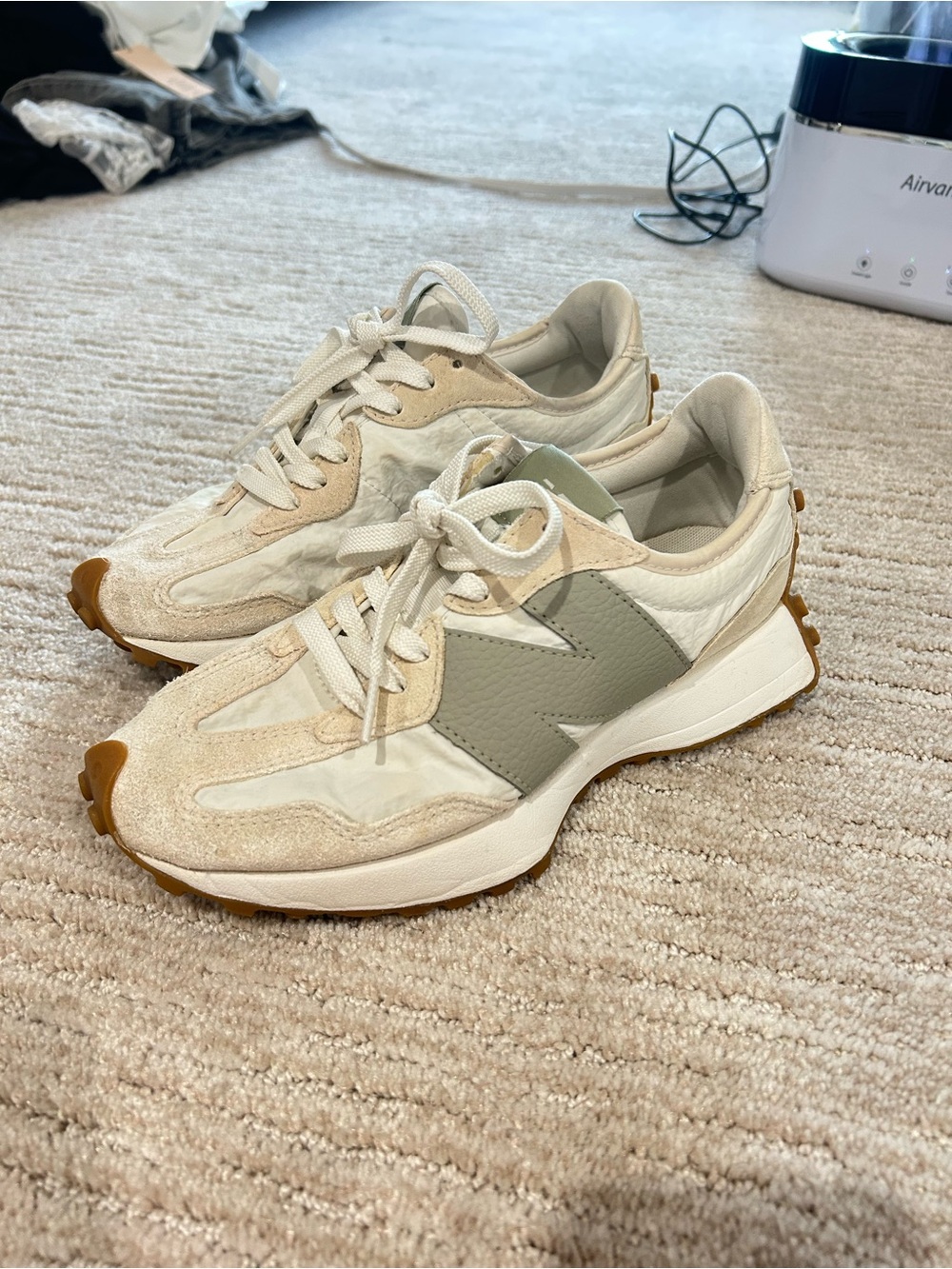 Women's Neutral Suede & Leather Sneakers - Cream/sage green